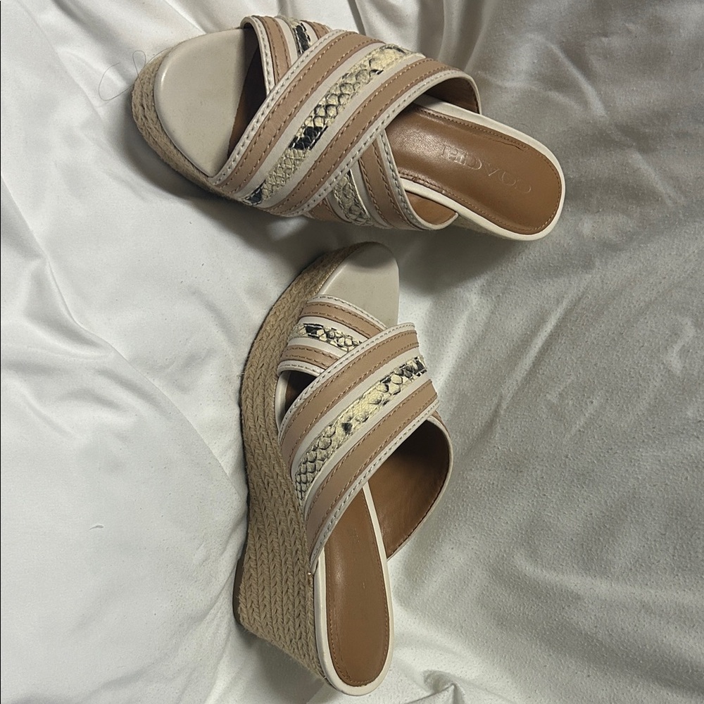 “Coach Espadrille Wedge Slide Sandals – Tan & Cream Snakeskin – Size 6.5